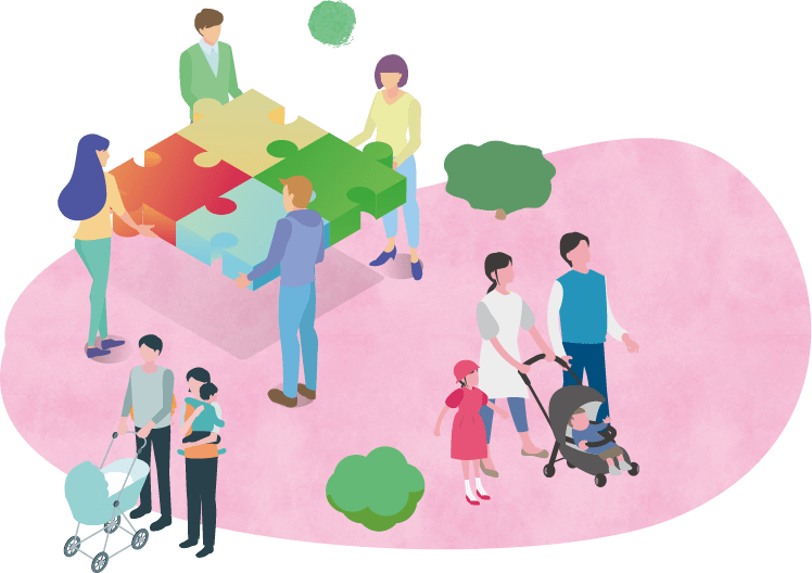 親子や保護者同士が交流する様子のイラスト